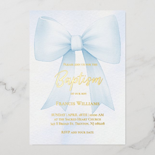 Invitation En Aluminium grand arc bleu pastel | Baptême (Recto)