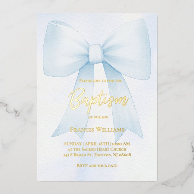 Invitation En Aluminium grand nœud bleu pastel | Baptême (Recto)