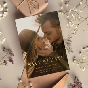 Invitation En Aluminium Grande Photo Feuille D'or Save the Date
