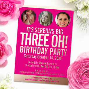Invitation En Aluminium Graphisme 30e anniversaire cercles photo rose or
