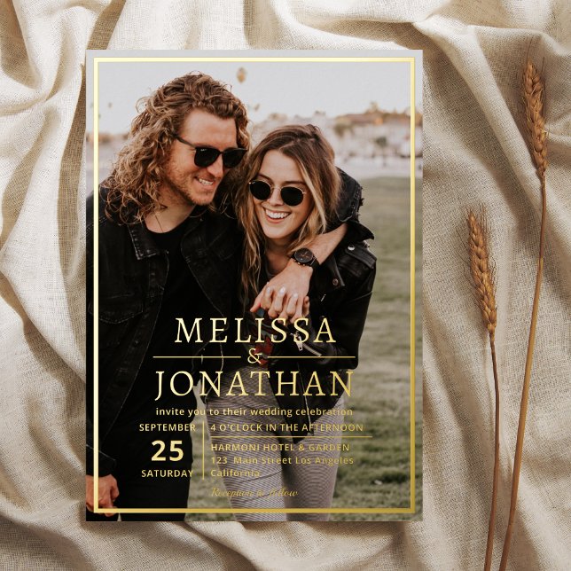 Invitation En Aluminium Gras Elegant Gold Bordure Script Photo Mariage Rea (Créateur téléchargé)