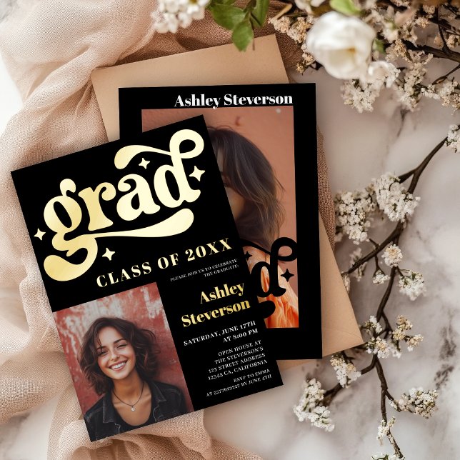 Invitation En Aluminium Gras Retro noir Super 2 photos Graduation Party (Bold Retro black Groovy 2 photos Graduation Party Foil Invitation)