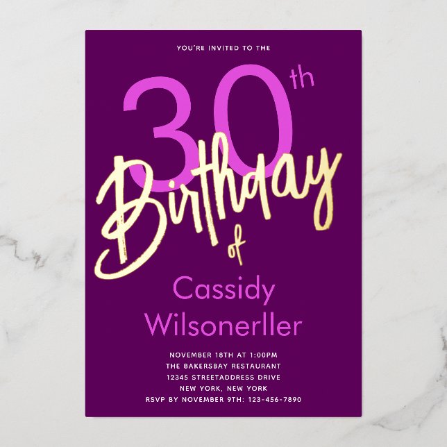 Invitation En Aluminium Gras violet 30e anniversaire Or (Recto)