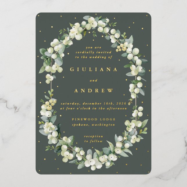 Invitation En Aluminium Gray Green Snowberry+Eucalyptus Mariage d'hiver (Recto)