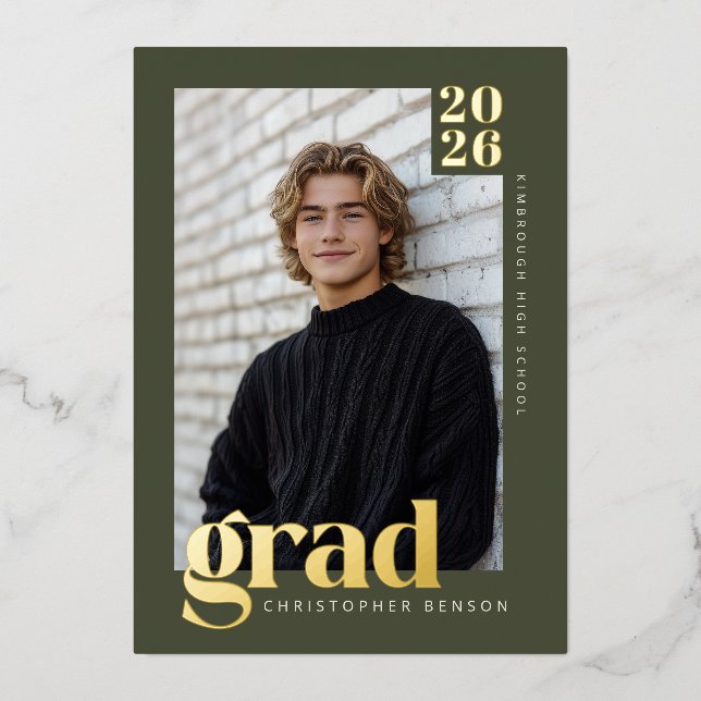 Invitation En Aluminium Green 2026 Modern 4 Photo Graduation Gold (Recto)