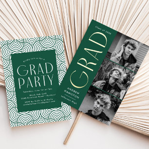 Invitation En Aluminium Green and Gold Foil 3 Photo Graduation Party