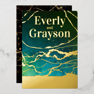 Invitation En Aluminium Green Blue Sky Galaxy Marble Gold Mariage