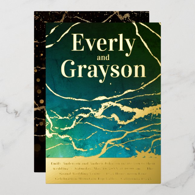 Invitation En Aluminium Green Blue Sky Galaxy Marble Gold Mariage (Recto/Verso)