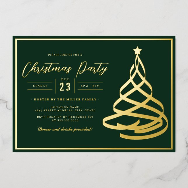 Invitation En Aluminium Green Elegant Gold Tree fête de Noël (Recto)