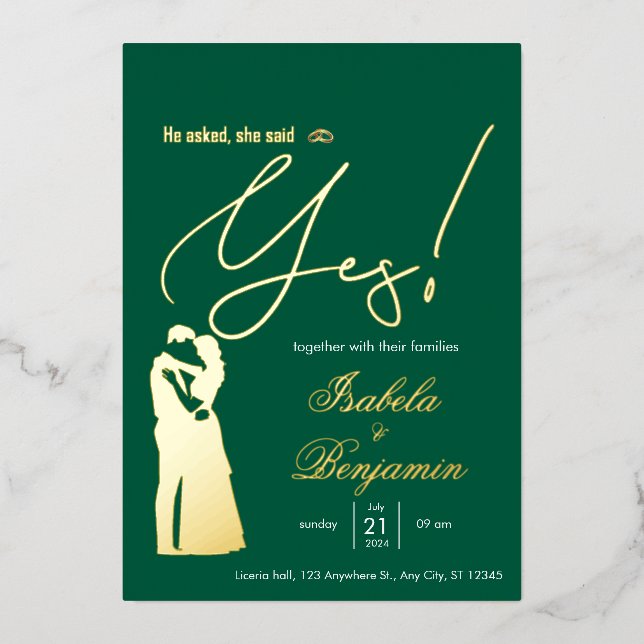Invitation En Aluminium Green Foil “He Asked She Said Yes” Wedding Invitat (Recto)