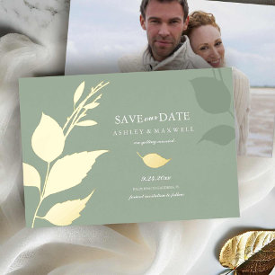 Invitation En Aluminium Green Gold Foil Photo Enregistrer la date Invitati