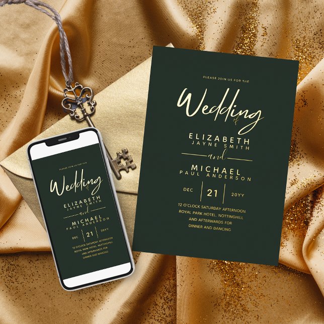 Invitation En Aluminium Green Gold Foil Script élégant Mariage moderne (Créateur téléchargé)