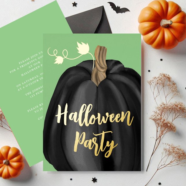 Invitation En Aluminium Green Gold Script Citrouille Halloween Foil (Green Gold Script Pumpkin Halloween Party Foil Foil Invitation)
