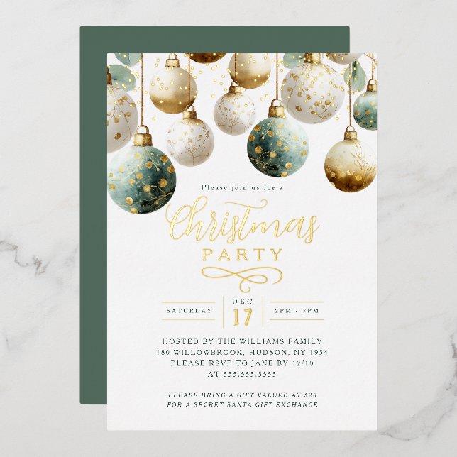 Invitation En Aluminium Green Golden Baubles Christmas Party  (Recto/Verso)