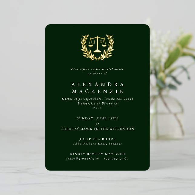Invitation En Aluminium Green JD Law Scales+Laurel Wreath Graduation Party (Debout devant)