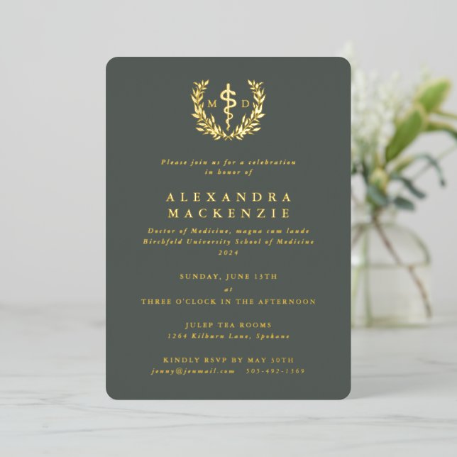Invitation En Aluminium Green MD Asclepius+Laurel Wreath Graduation Party (Debout devant)