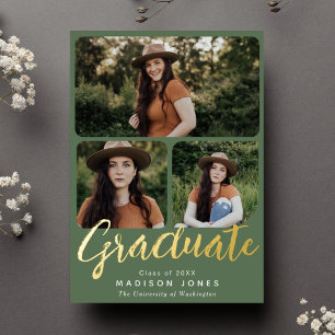 Invitation En Aluminium Green Modern Script 4 Photos Graduation Party