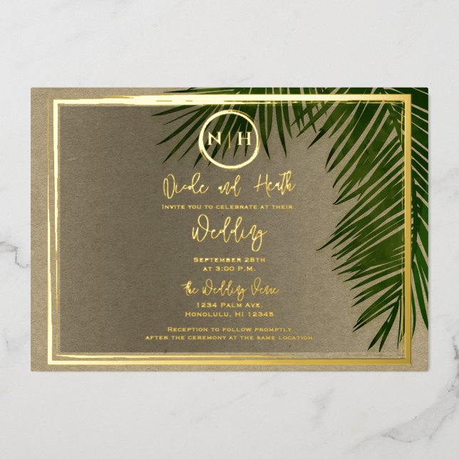 Invitation En Aluminium Green Palm Feuilles Kraft Tropical Mariage Gold (Recto)