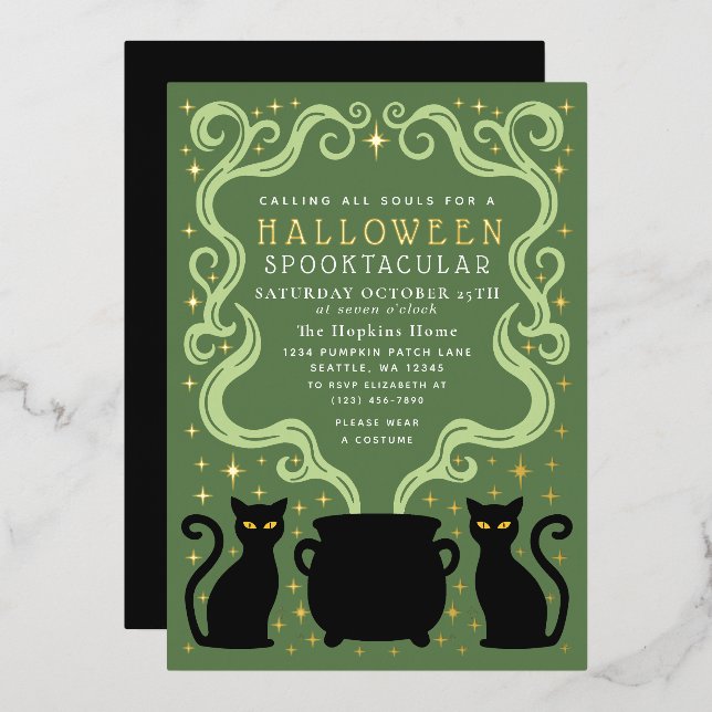 Invitation En Aluminium Green Witchy Black Cat Cauldron Halloween Party (Recto/Verso)