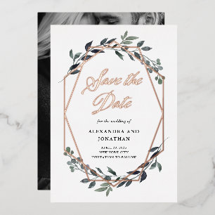 Invitation En Aluminium Greenery Geo Blanc Rose Gold Save The Date