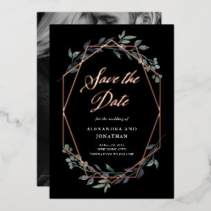 Invitation En Aluminium Greenery Geo Noir Rose Gold Épargne La Date