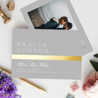 Invitation En Aluminium Gris Classique Golden Stripe Photo Enregistrer La