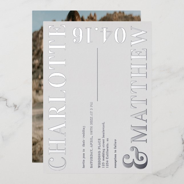 Invitation En Aluminium Gris moderne noms gris mariage photo argent (Recto/Verso)