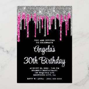 Invitation En Aluminium Gris Noir Paillettes Rose Profond Gouttes 30e Anni