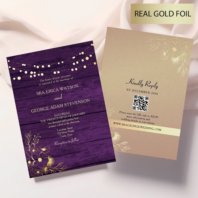 Invitation En Aluminium Guirlande Lumineuse Or Violet Mariage QR Code (Créateur téléchargé)