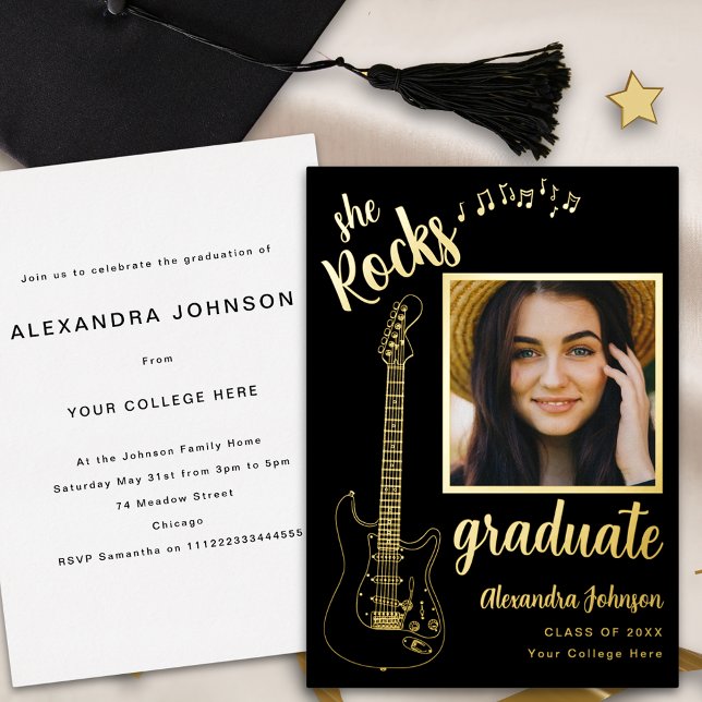 Invitation En Aluminium Guitar Rock Music Graduation Party Black and Gold (Modern graduate photo Guitar rock music black and gold foil Graduation party invitation)