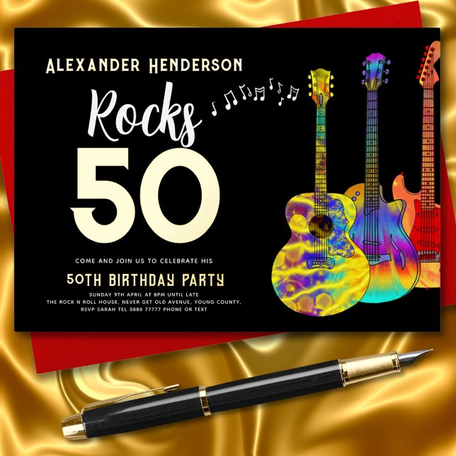 Invitation En Aluminium Guitare Rock and Roll 50th Birthday Gold (Rock and roll 50th birthday invitation black and gold foil rocks 50 colorful guitar and music)