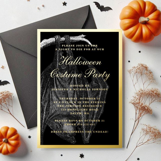 Invitation En Aluminium Halloween chauve-souris éffrayante Costume Party G (Spooky Bat Halloween Costume Party Gold Foil Invitation)