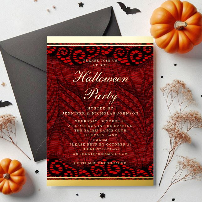 Invitation En Aluminium Halloween dentelle élégante écriture or (Elegant Gold Script Lace Halloween Foil Invitation)