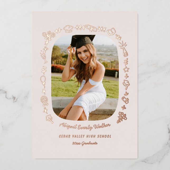 Invitation En Aluminium Hand Drawn Grad Announcement Foil Card with Photo  (Recto)