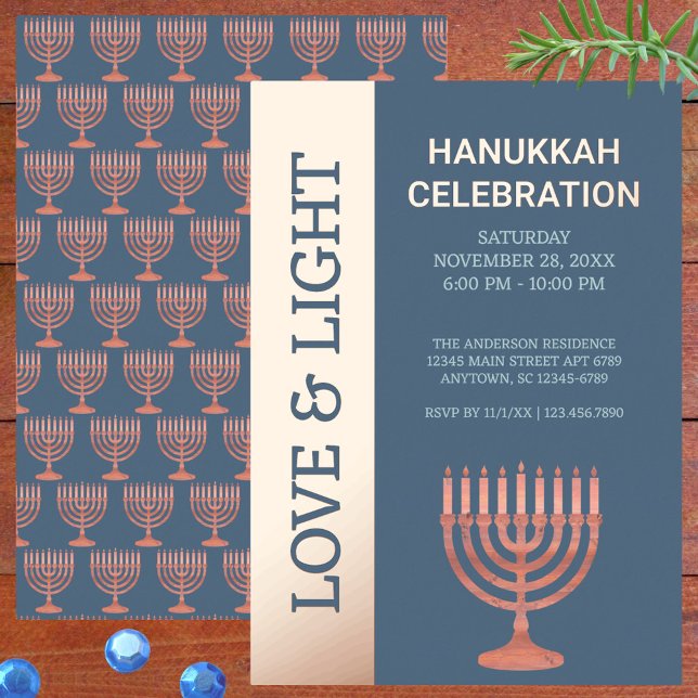 Invitation En Aluminium Hanoukka Rustic Menorah Festival éclaire Élégant (Each real foil custom Hanukkah event invitation reverses to a pattern of tiny rustic menorahs)