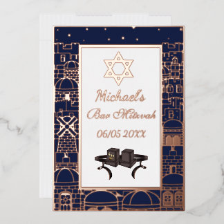 Invitation En Aluminium Happy Bar Mitzvah Jerusalem Kotel Tefillin Gold 
