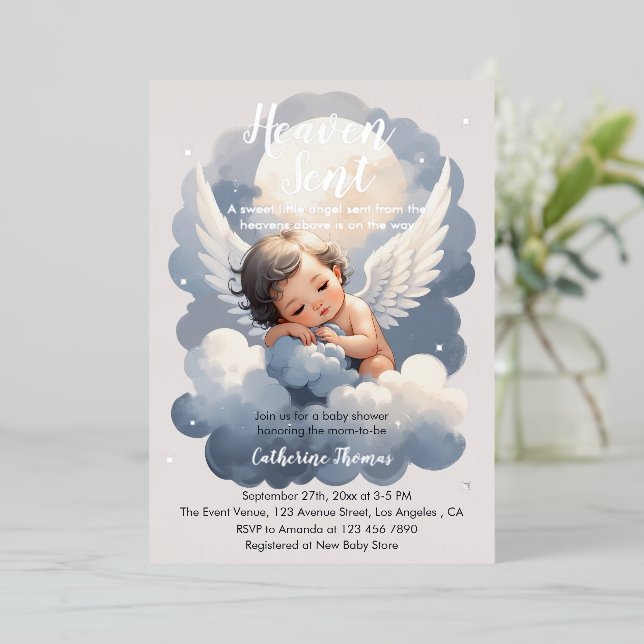 Invitation En Aluminium Heaven Sent Angel Baby In Clouds Baby Shower (Debout devant)