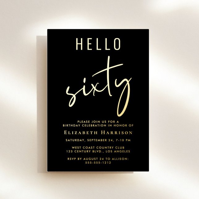 Invitation En Aluminium Hello 60 Chic Black 60th Birthday Party Gold (Créateur téléchargé)