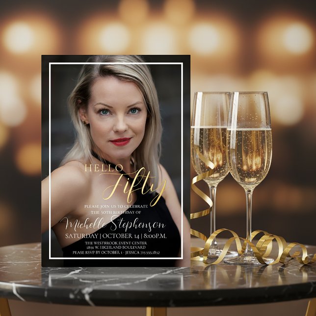 Invitation En Aluminium Hello Fifty 50th Birthday Party Custom Photo (Créateur téléchargé)