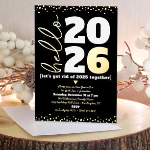 Invitation En Aluminium Hello New Year Script Custom Year Black Real Gold