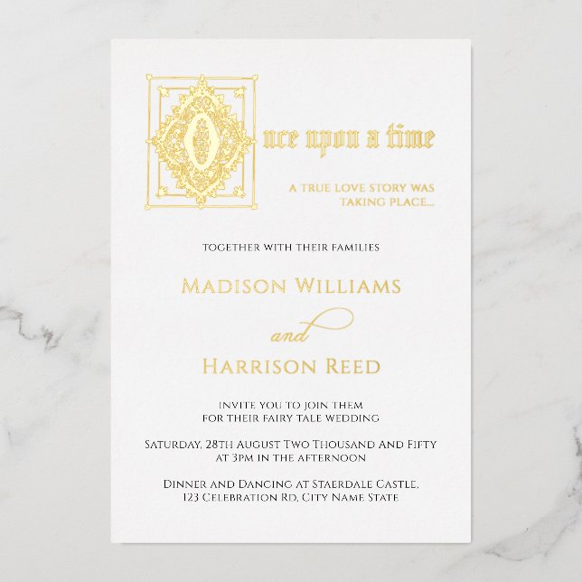 Invitation En Aluminium Histoire D'Amour Une Fois Un Temps Mariage Or (Recto)