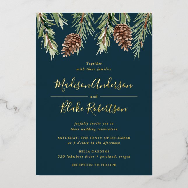 Invitation En Aluminium Hiver Aquarelle Pine Cône Mariage (Recto)