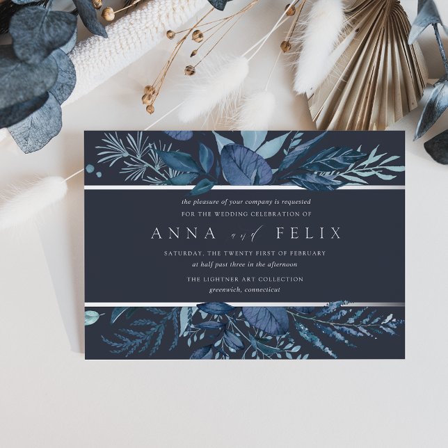 Invitation En Aluminium Hiver Azure | Mariage botanique bleu (Créateur téléchargé)
