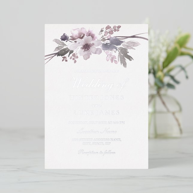 Invitation En Aluminium Hiver Gris Floral Aquarelle Mariage Argent (Debout devant)