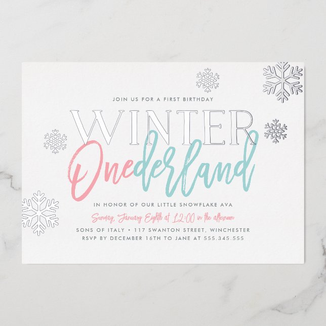 Invitation En Aluminium Hiver ONE derland 1er anniversaire Pink Blue Silve (Recto)
