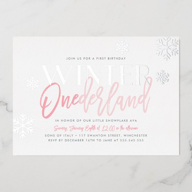Invitation En Aluminium Hiver ONEderland 1er Anniversaire Rose Argent (Recto)