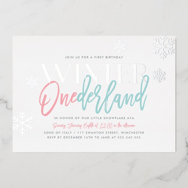 Invitation En Aluminium Hiver ONEderland 1er Anniversaire Rose Bleu Argent (Recto)