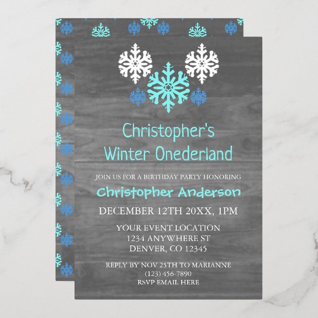 Invitation En Aluminium Hiver Onederland Flocon de neige 1er anniversaire (Recto/Verso)