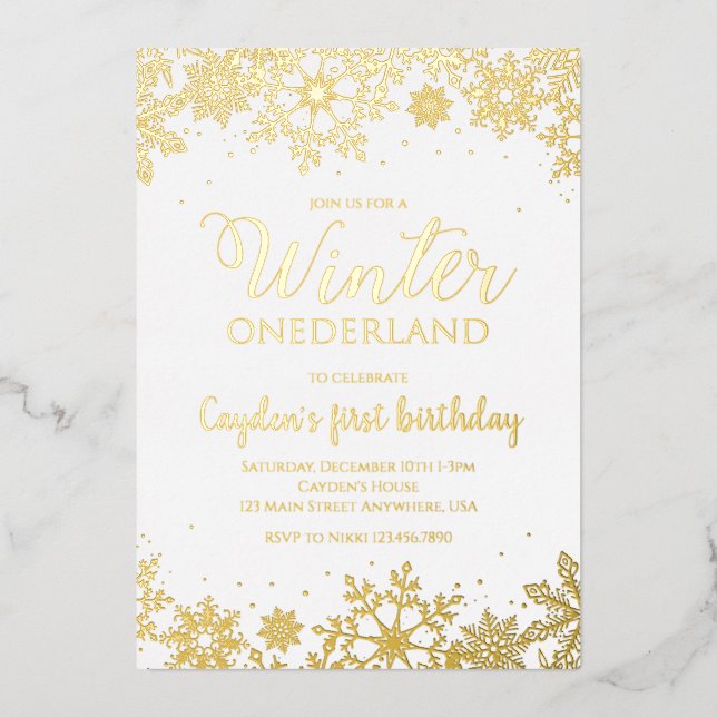 Invitation En Aluminium Hiver Onederland Premier Anniversaire Flocons de N (Recto)