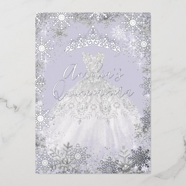 Invitation En Aluminium Hiver Silver violet Flocon de neige Quinceanera (Recto)